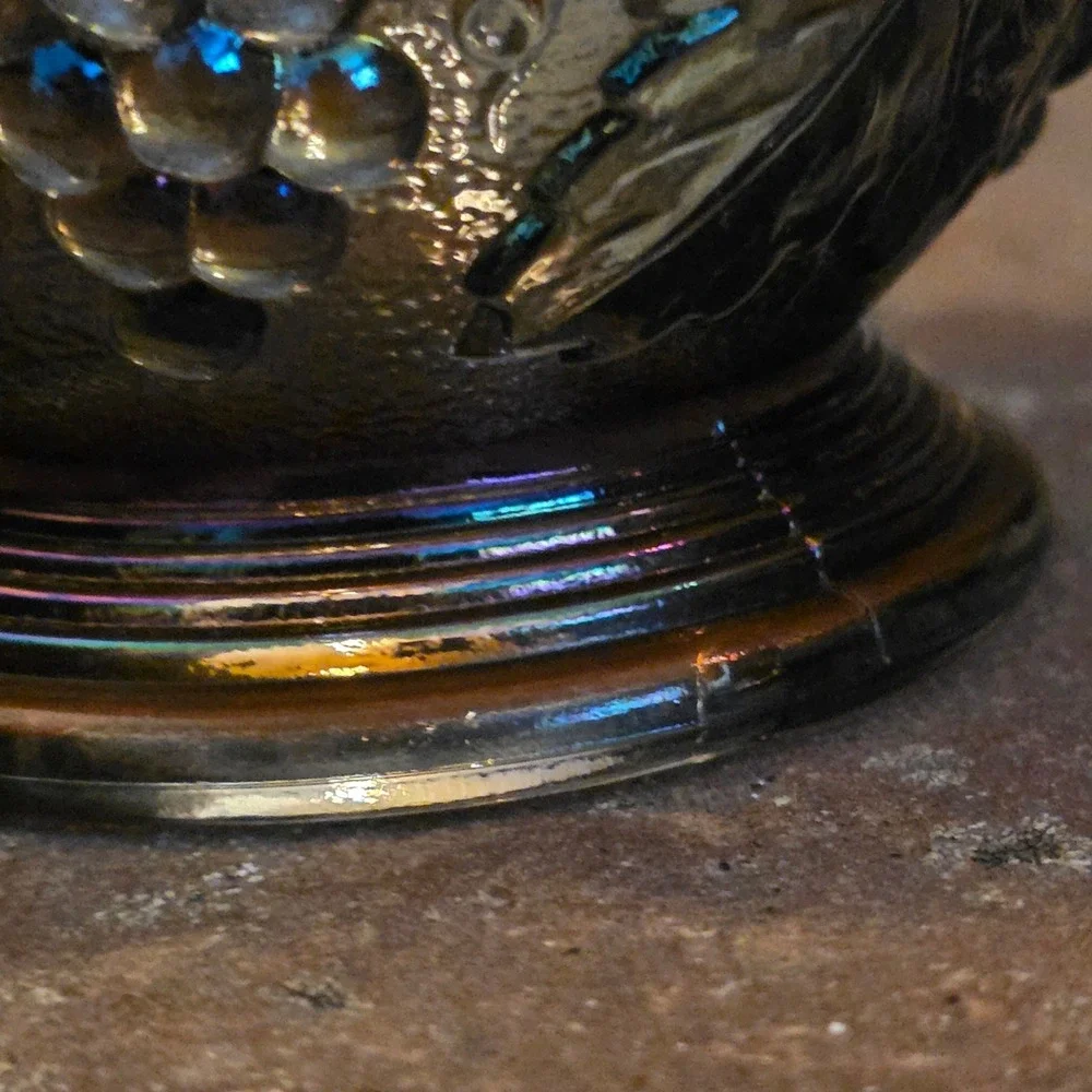 Imperial Carnival Glass Amethyst Grape and Cable Ruffled pedestal stippled bowl